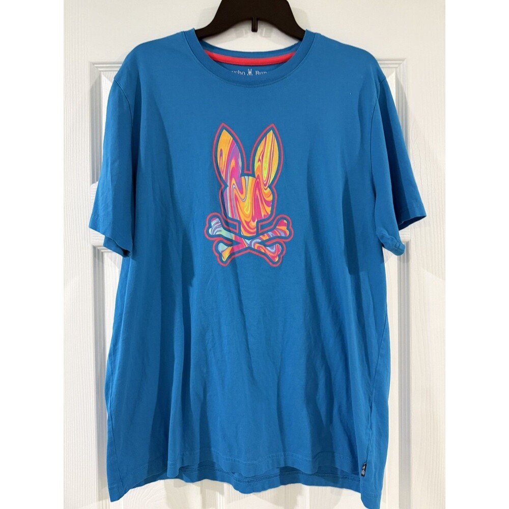 Psycho Bunny Men's Blue Pima Cotton Graphic Logo Crew Neck Tagless Tee Sz 7